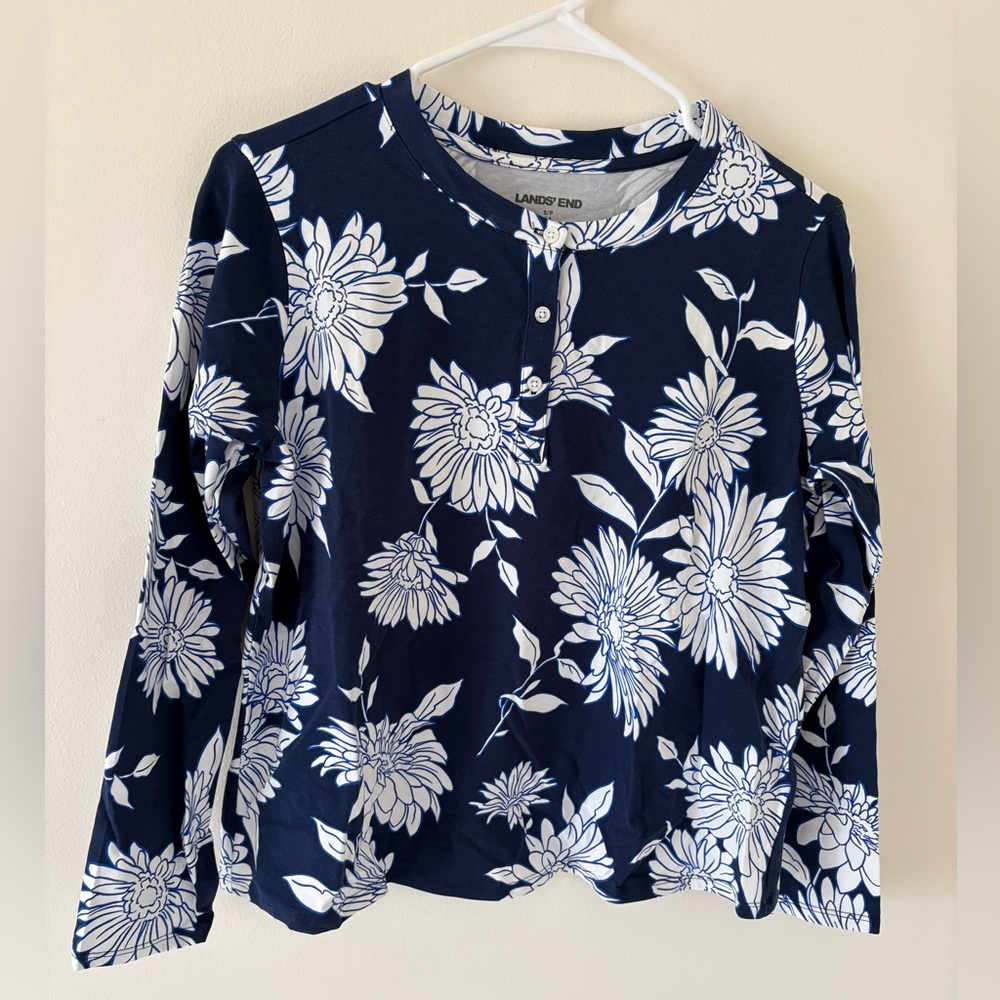 NEW Lands' End Navy and White Floral Henley